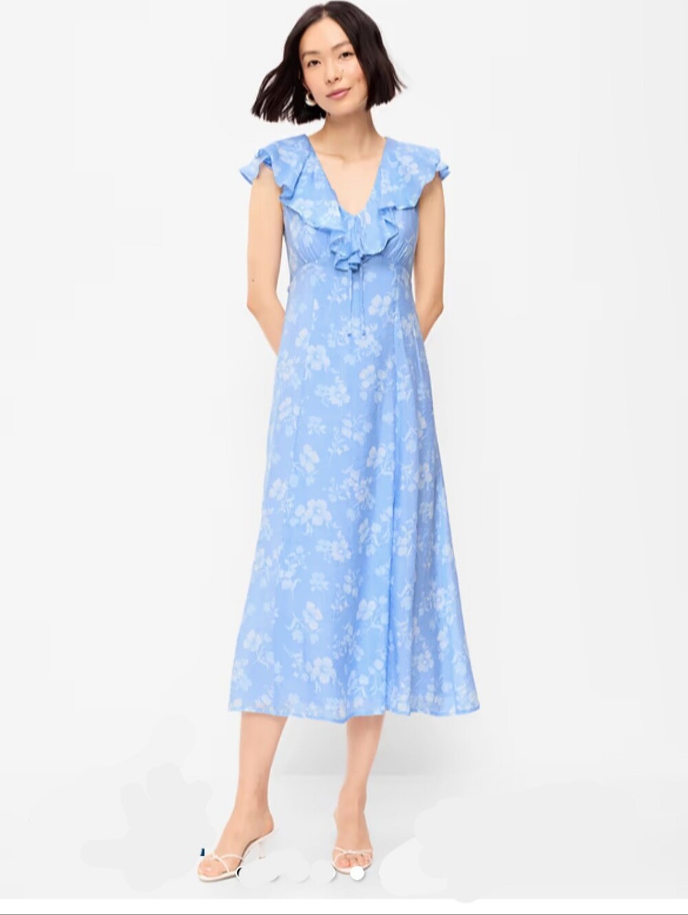 NWT Old Navy Women's Ruffle Sleeve Fit Flare Midi Dress Floral Blue Petite Small